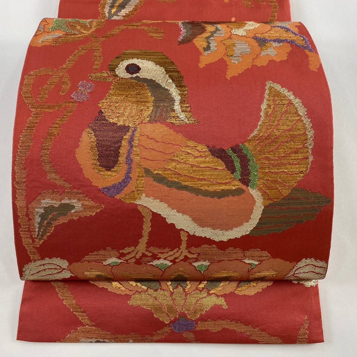 袋帯 逸品 洛風林 落款 鴛鴦 草花 箔 朱色 六通 正絹 【中古】 袋帯 逸品 洛風林 落款 鴛鴦 草花 箔 朱色 六通 正絹 【中古】