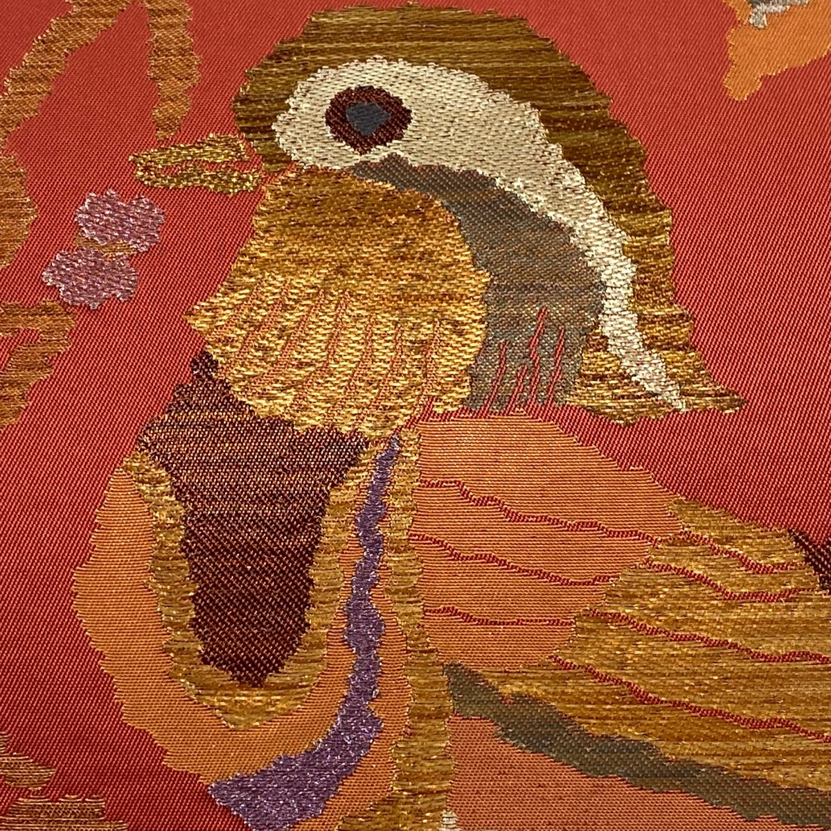 袋帯 逸品 洛風林 落款 鴛鴦 草花 箔 朱色 六通 正絹 【中古】 袋帯 逸品 洛風林 落款 鴛鴦 草花 箔 朱色 六通 正絹 【中古】