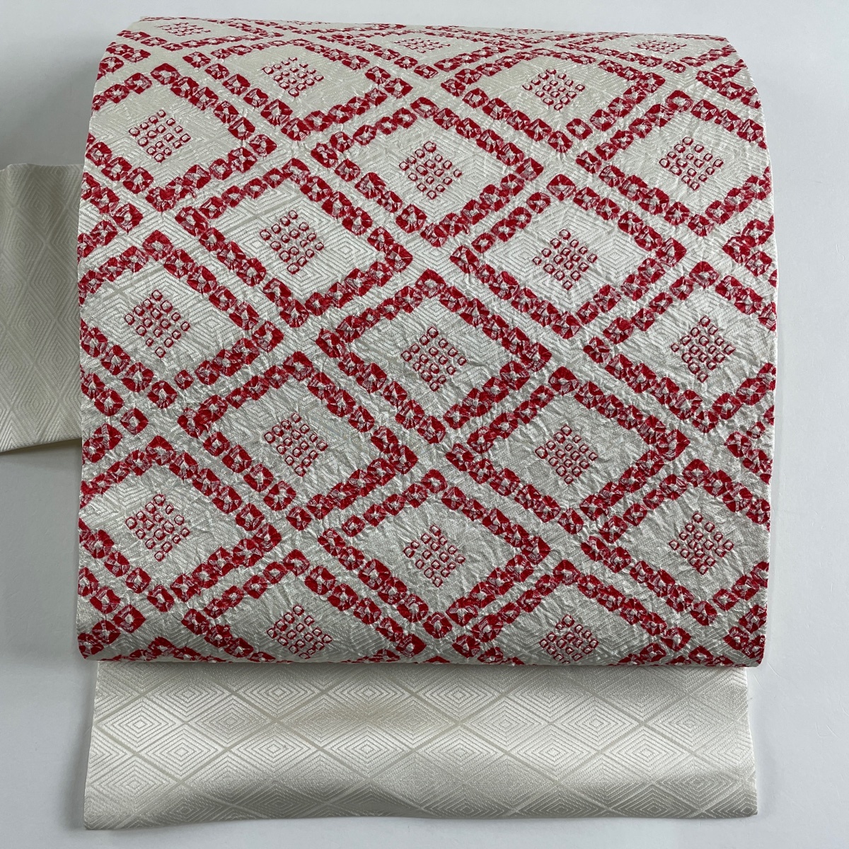 名古屋帯 優品 菱 絞り クリーム 正絹 【中古】