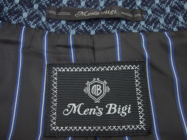 新品同様 Men's Bigi メンズビギ 紺系 牛革 ストライプ スタンドカラー ツイード ハーフコート ジャケット SS(小さいサイズ) メンズ
