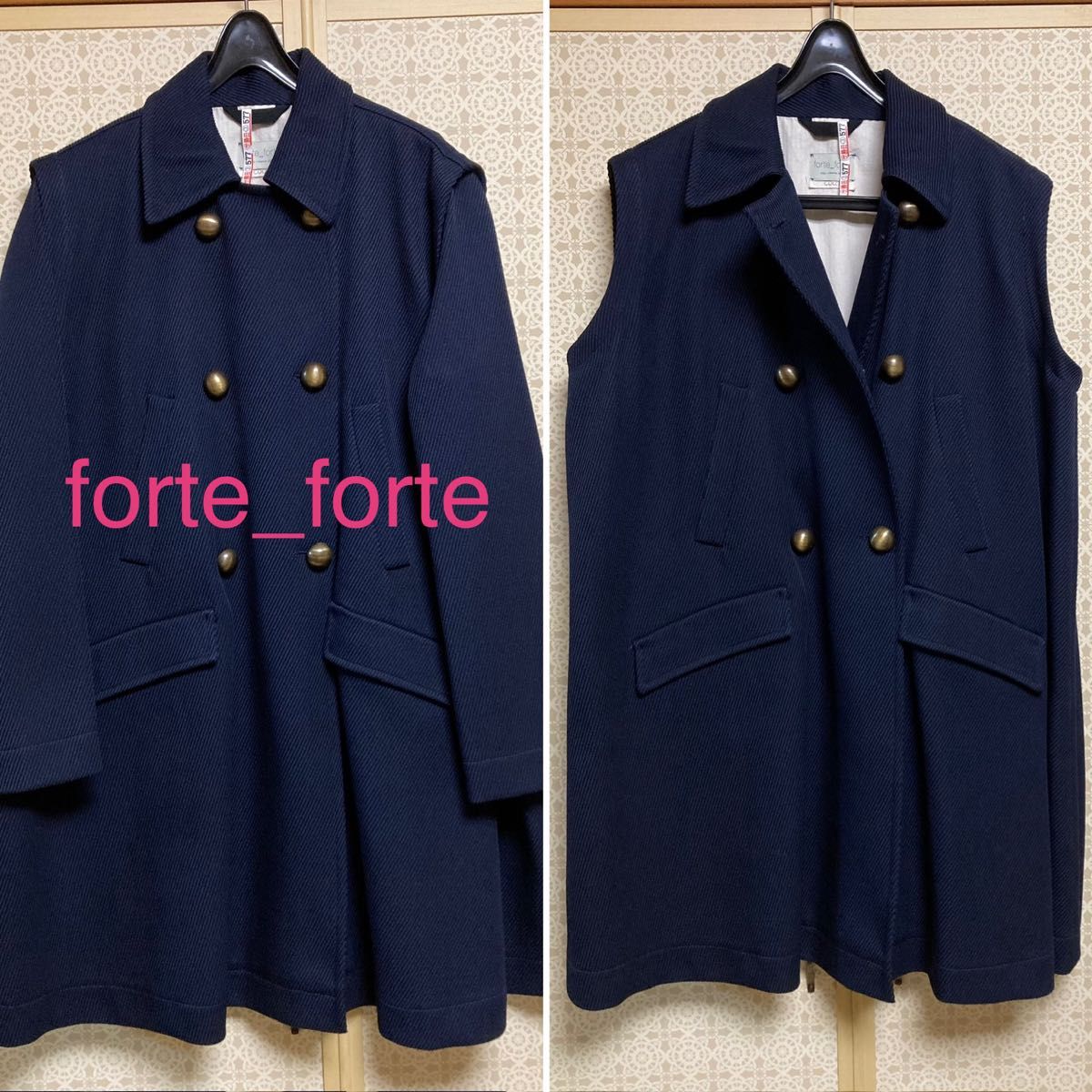美品forte_forte 2WAY スリーブレスコートケープベスト 美品forte_forte 2WAY スリーブレスコートケープベスト