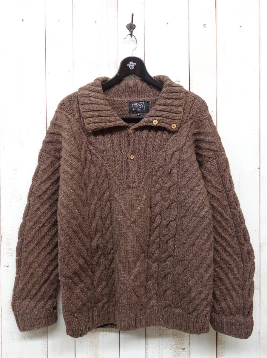 VINTAGE 古着 ＊ECO KNITS ＊HAND KNIT 厚手セーター 　フィッシャーマンニット ＊ブラウン系 ＊ウッドボタン＊ハンドメイド　エクアドル製