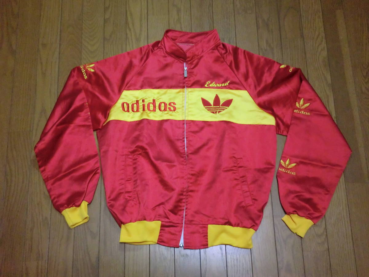 激レア ビンテージ 80s adidas アディダス サテン ブルゾン 赤 黄色 光沢 80年代 デカロゴ 袖刺繍入り ブート オールドスクール RUN DMC_画像1