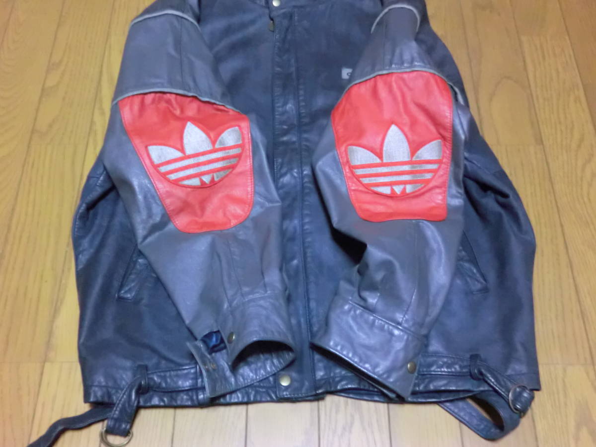 激レア ビンテージ 80s 韓国製 adidas アディダス オールレザー ライダース ジャケット セットアップ M 上下 グレー 80年代 vintage 革古着