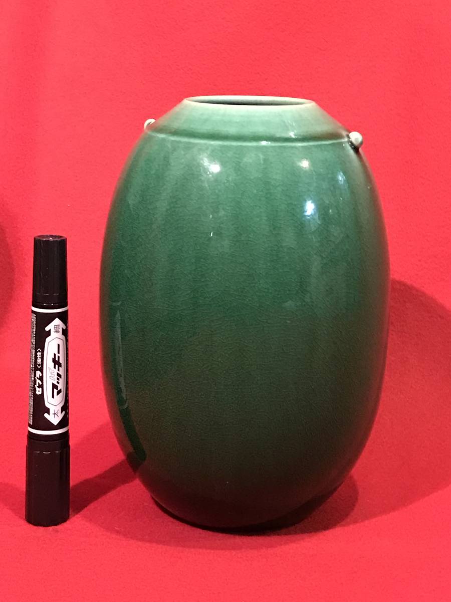 9856陶器●花瓶 花器 壺 グリーン/緑/翡翠色 約φ12×h21㎝ 小キズ、汚れあり 中古_画像1