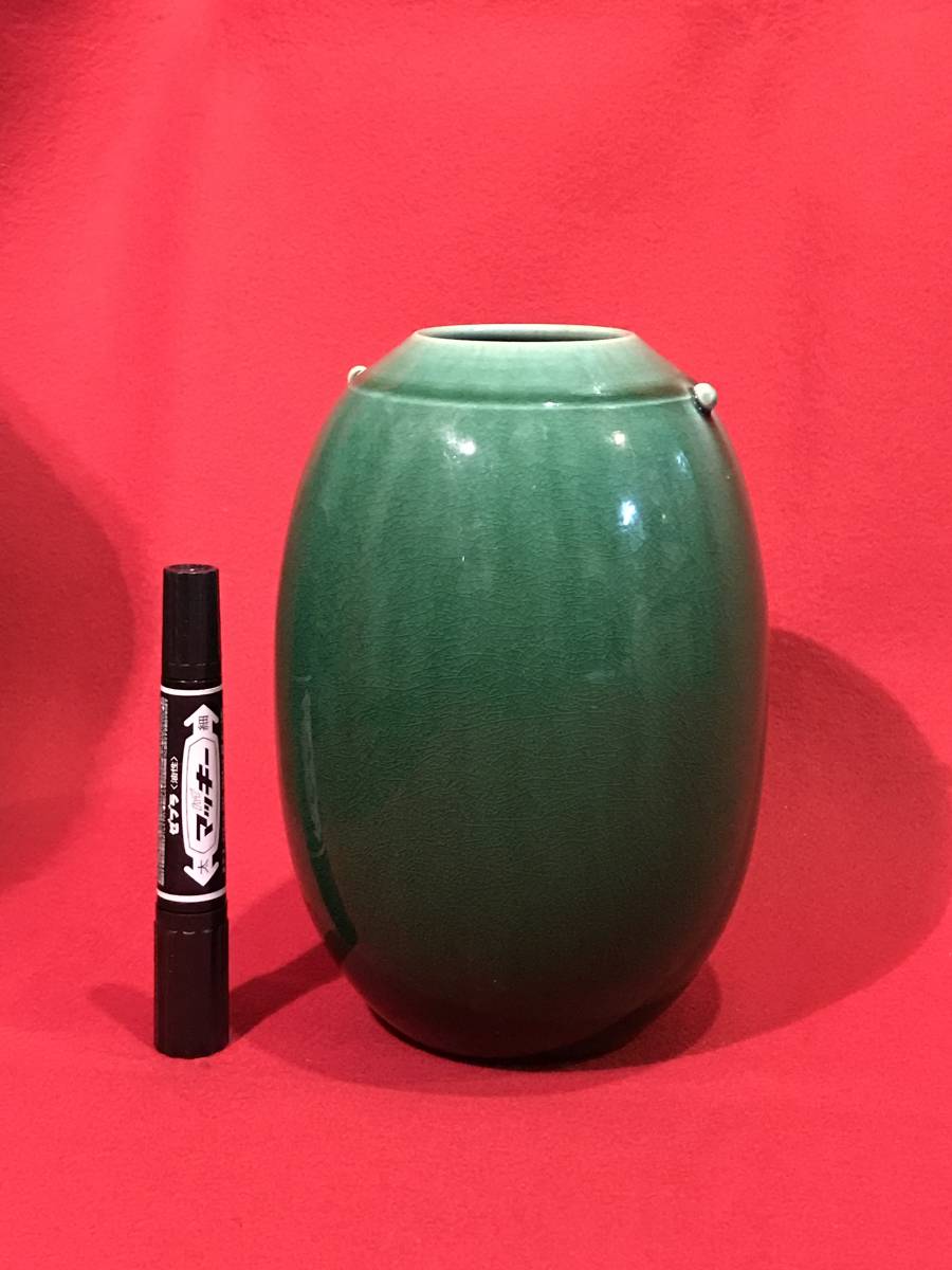 9856陶器●花瓶 花器 壺 グリーン/緑/翡翠色 約φ12×h21㎝ 小キズ、汚れあり 中古_画像2