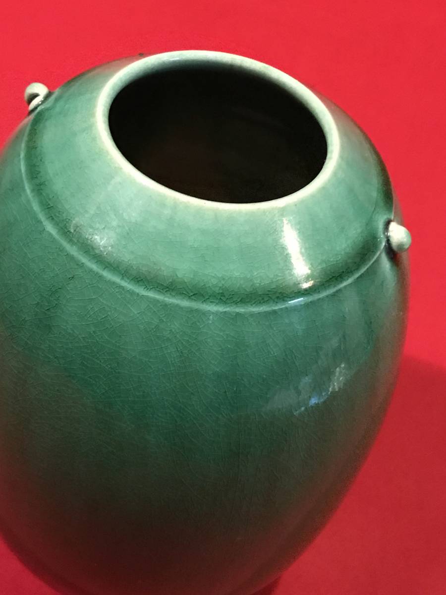 9856陶器●花瓶 花器 壺 グリーン/緑/翡翠色 約φ12×h21㎝ 小キズ、汚れあり 中古_画像3
