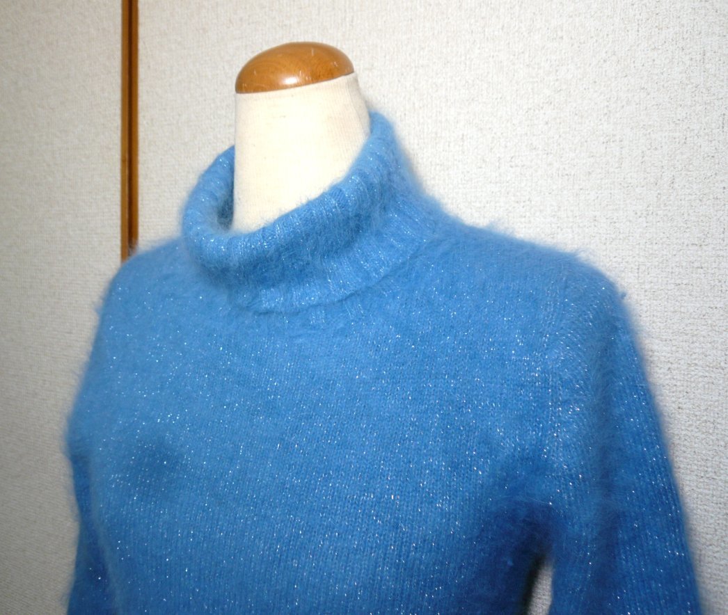 [oji* Inter National ] Anne gola. lame entering ta-toru neck 7 part sleeve knitted blue blue S~M size ( use item )