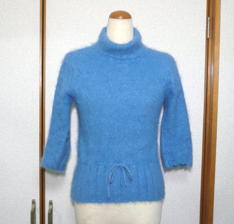 [oji* Inter National ] Anne gola. lame entering ta-toru neck 7 part sleeve knitted blue blue S~M size ( use item )