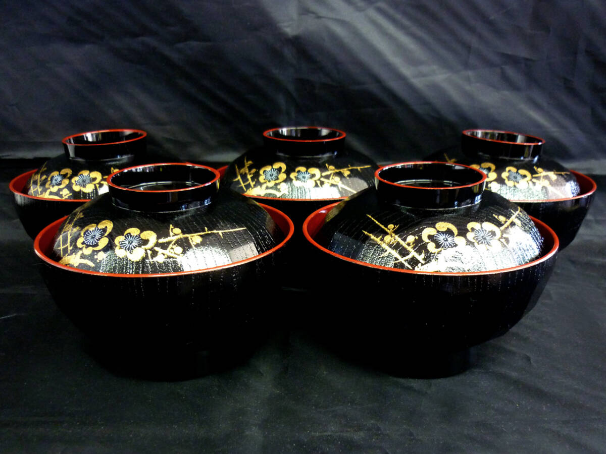 山中漆器　大きめサイズ　フタ付き汁椀　５客セット　小丼鉢にも　新品未使用　和食器　お買い得　YML-3
