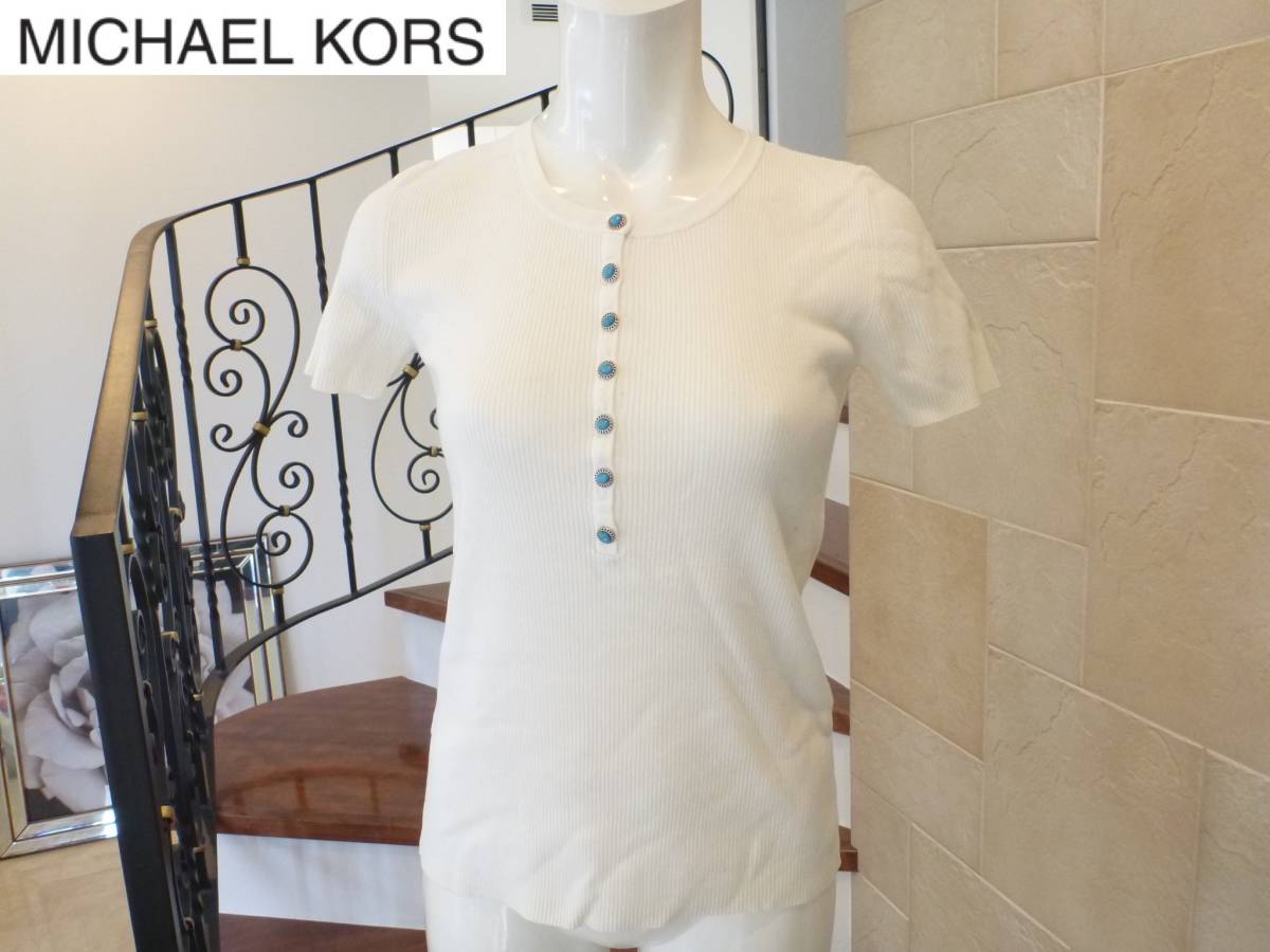 1.5万 美品 マイケルコース(MICHAEL KORS）★白×ターコイズボタン　半袖セーター 4　Ｍ相当_画像1