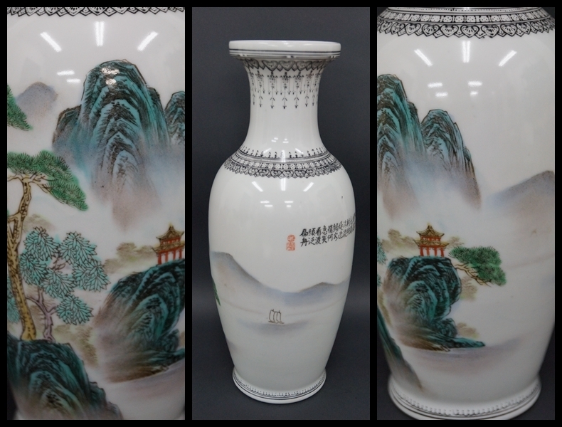 閑】景徳鎮製 在銘 粉彩色絵『山水風景漢詩文』花瓶 飾壺 手描き