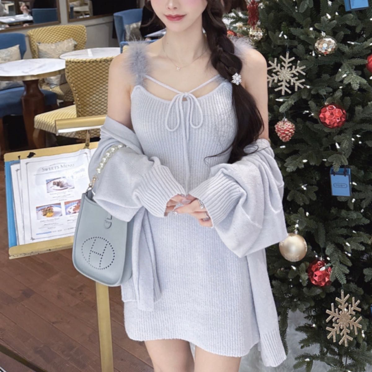 Lumignon original feather ribbon op + cardigan【ブルー Lumignon original feather ribbon op + cardigan【ブルー