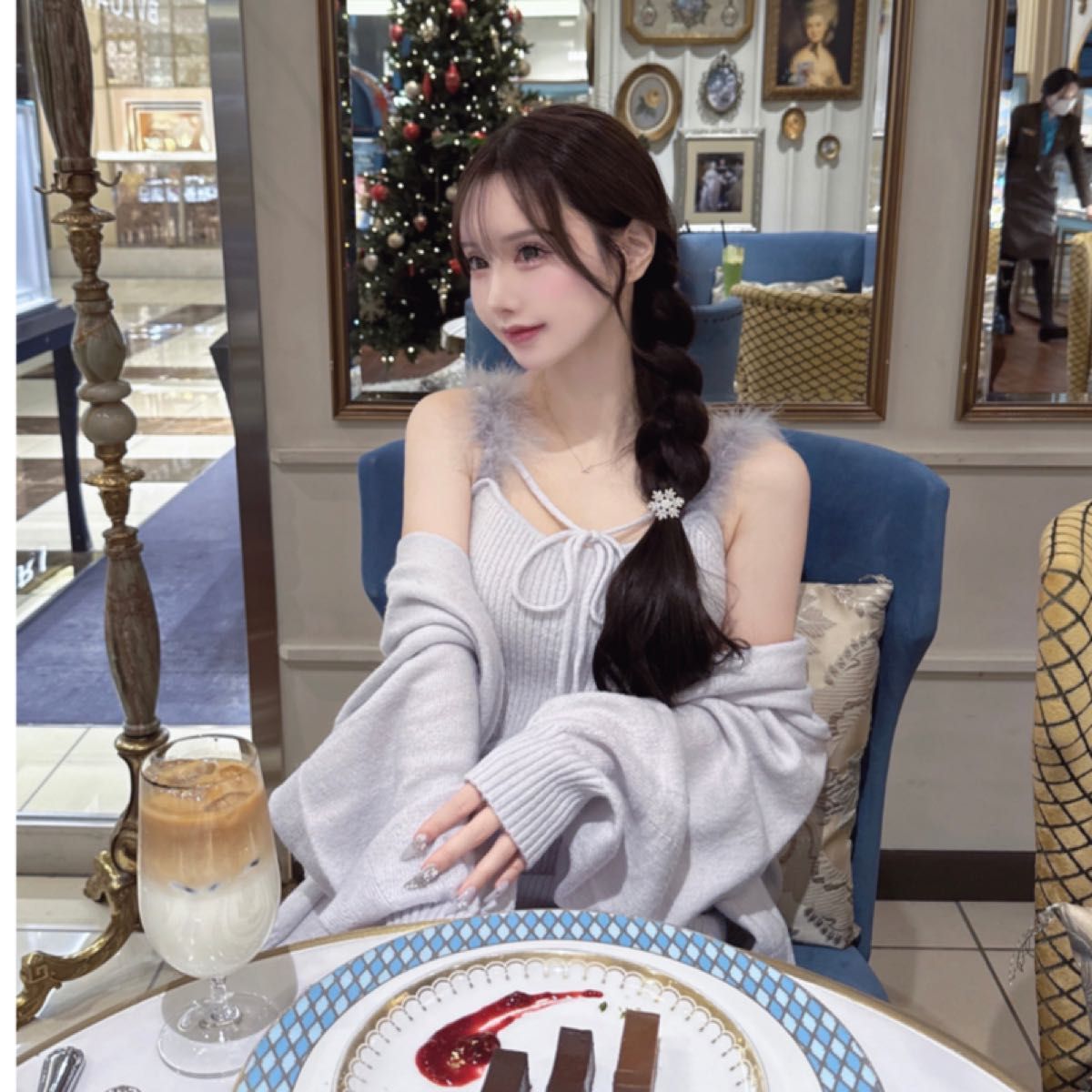 Lumignon original feather ribbon op + cardigan【ブルー Lumignon original feather ribbon op + cardigan【ブルー