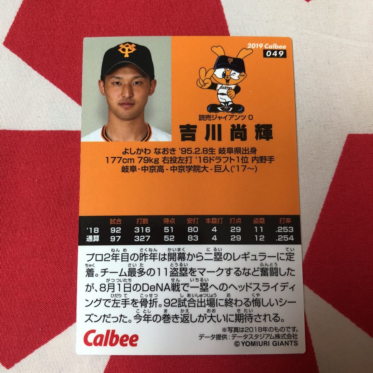 プロ野球チップス 2019 巨人 吉川尚輝 カード カルビー 読売ジャイアンツ_画像2