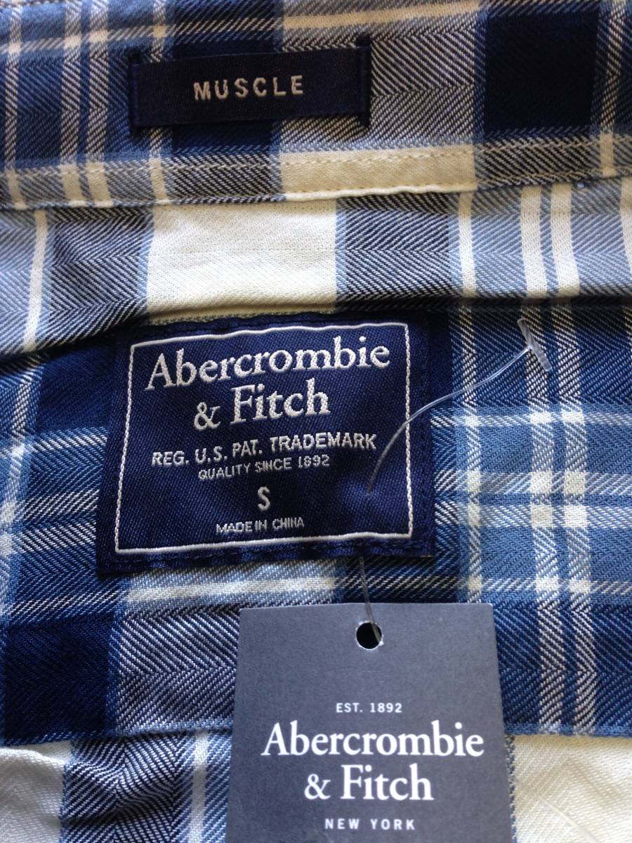【新品】Abercrombie&Fitch アバクロ Plaid Herringbone Button-Up Shirt ボタンダウン チェック S ネイビー Muscle Fit_画像2