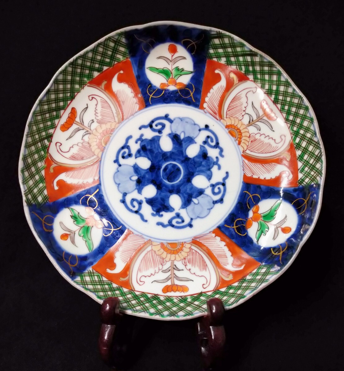  старый Imari белый фарфор с синим рисунком золотая краска цветная роспись цветок документ цветок .. круг документ колесо цветок 22cm средняя тарелка Edo поздняя версия btrpd-57a3983k-cs