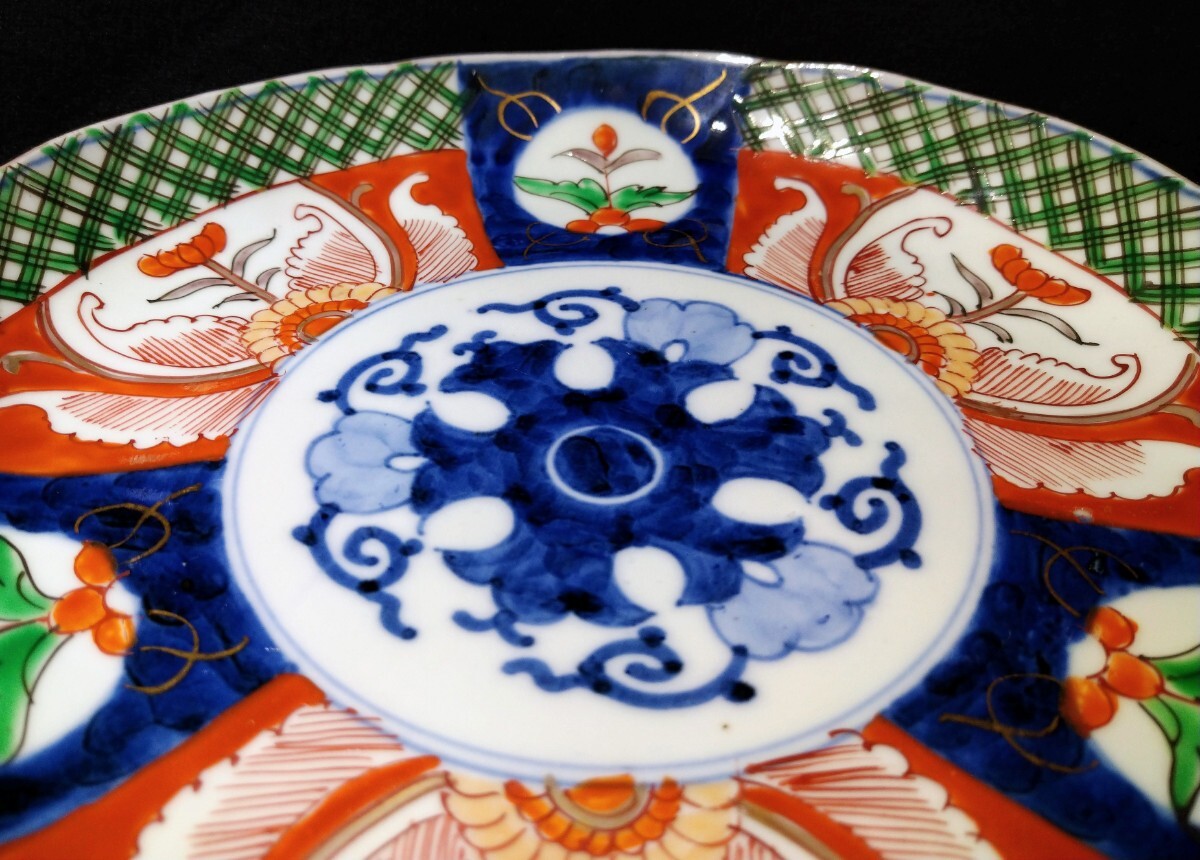  старый Imari белый фарфор с синим рисунком золотая краска цветная роспись цветок документ цветок .. круг документ колесо цветок 22cm средняя тарелка Edo поздняя версия btrpd-57a3983k-cs