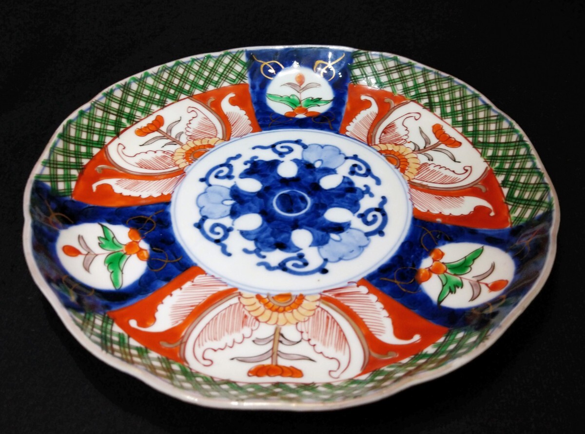  старый Imari белый фарфор с синим рисунком золотая краска цветная роспись цветок документ цветок .. круг документ колесо цветок 22cm средняя тарелка Edo поздняя версия btrpd-57a3983k-cs