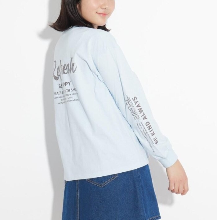 新品　PINK-latte　バックレトロロゴロンT　サックス(090)　16(160cm)　定価2090円