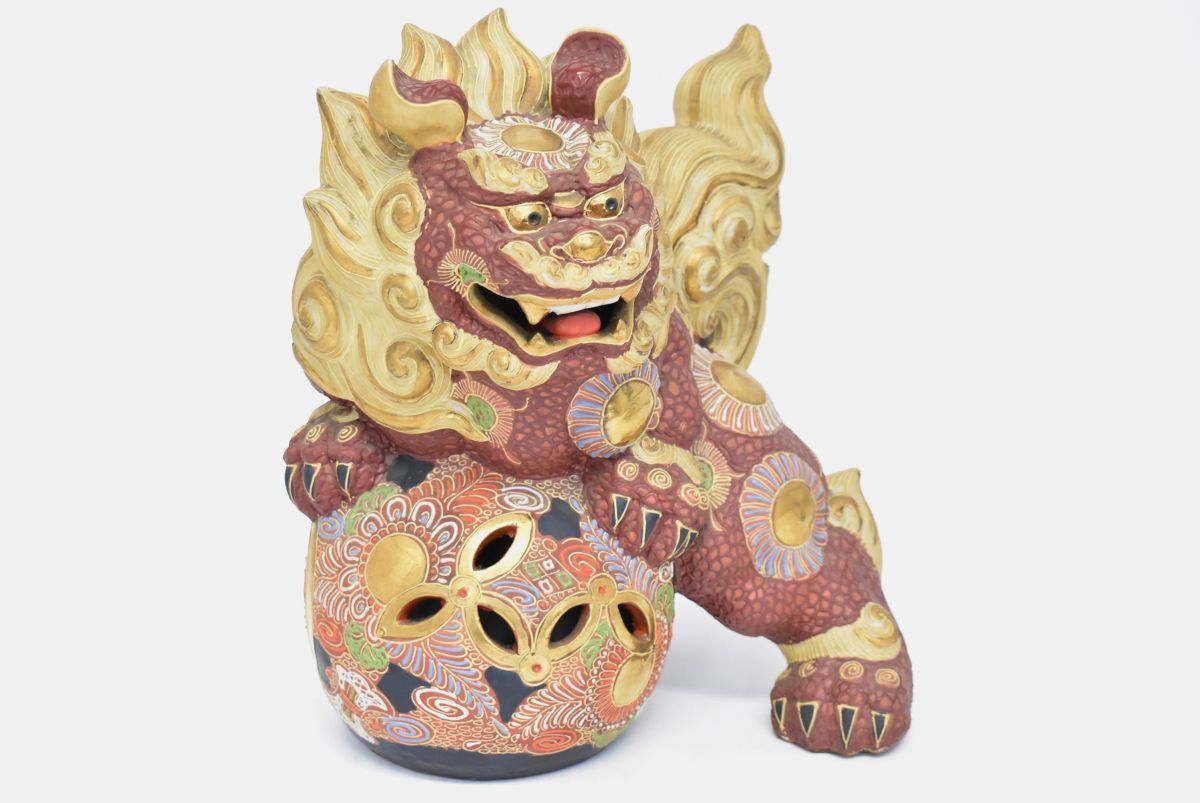 蔵出し 玉乗り獅子 九谷焼 狛犬 金彩 唐獅子 置物 古美術 古九谷 蔵出し 玉乗り獅子 九谷焼 狛犬 金彩 唐獅子 置物 古美術 古九谷