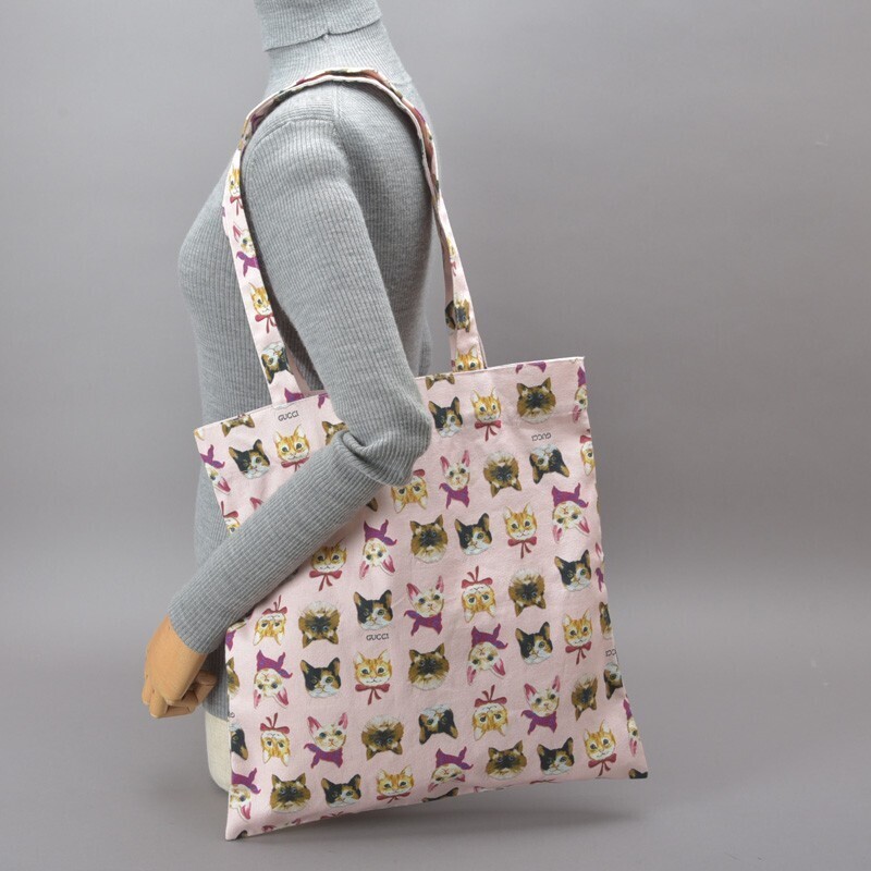 綺麗☆ GUCCI グッチ 猫柄 トートバッグ コットン ピンク 限定品 綺麗☆ GUCCI グッチ 猫柄 トートバッグ コットン ピンク 限定品