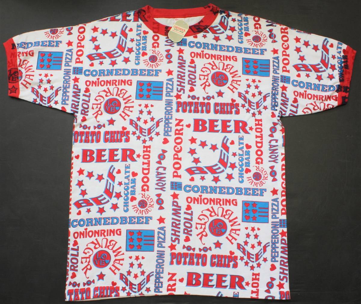 YTS60東洋L BEER PIZZA HAMBURGER HOTDOG総柄 リンガー 半袖TシャツUSA製 ビール ピザ ハンバーガー ホットドッグCheswickチェスウィック_画像2