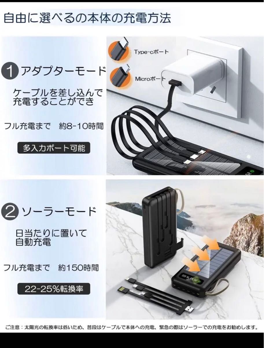 モバイルバッテリー ソーラー 20000mAh 4ケーブル内蔵 急速充電 携帯4台同時出力 スマホスタンド機能 PSE認証済み