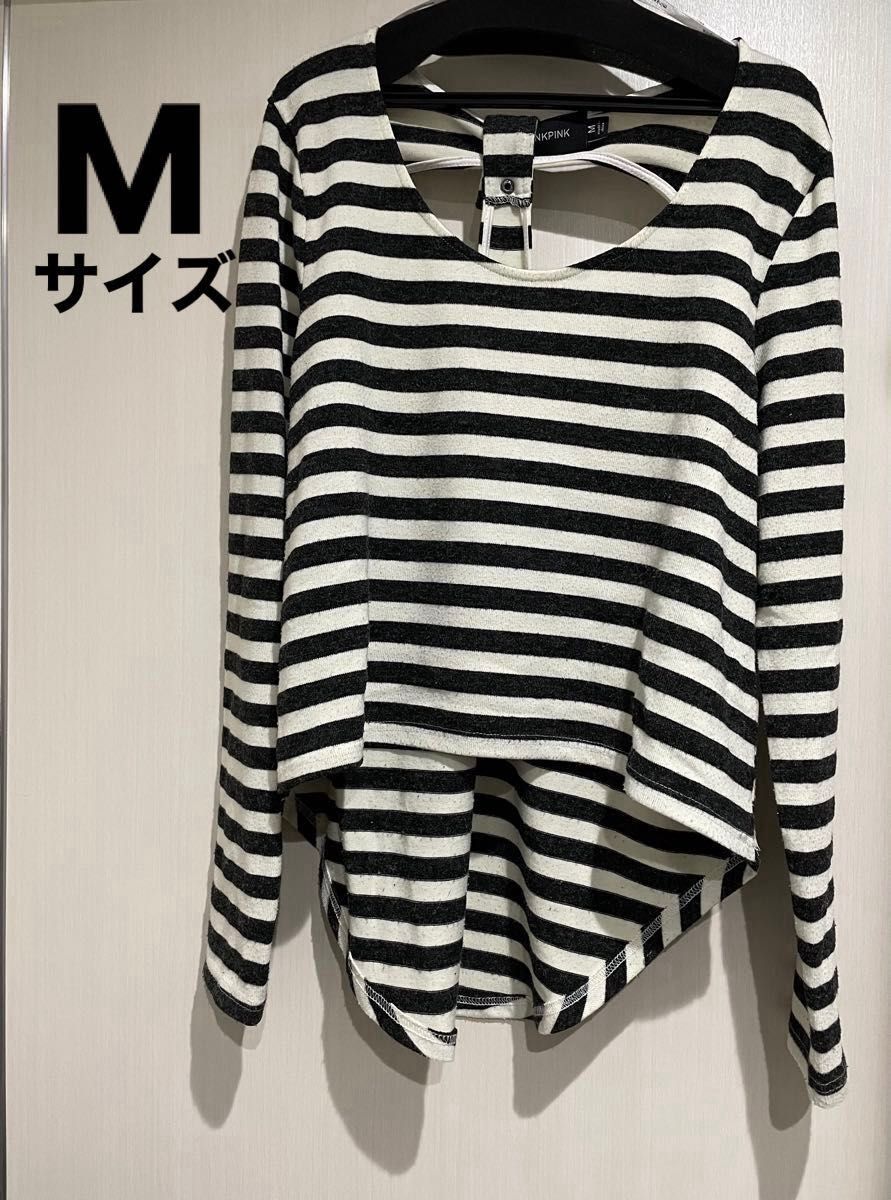 MINKPINKミンクピンクボーダーデザインカットソーM白黒ネップ素材
