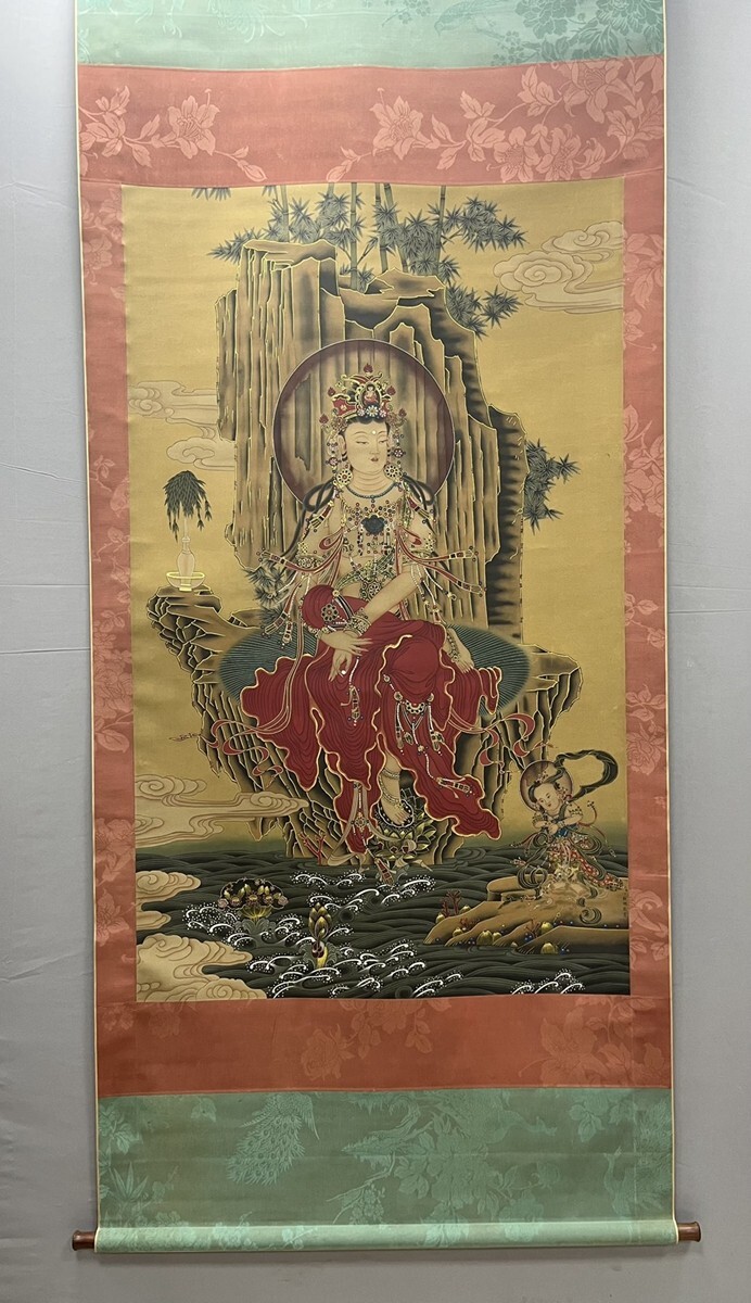 丁觀鵬畫 童子拜観音図」清代画家 肉筆絹本真作【仁】掛け軸 丁觀鵬畫 童子拜観音図」清代画家 肉筆絹本真作【仁】掛け軸