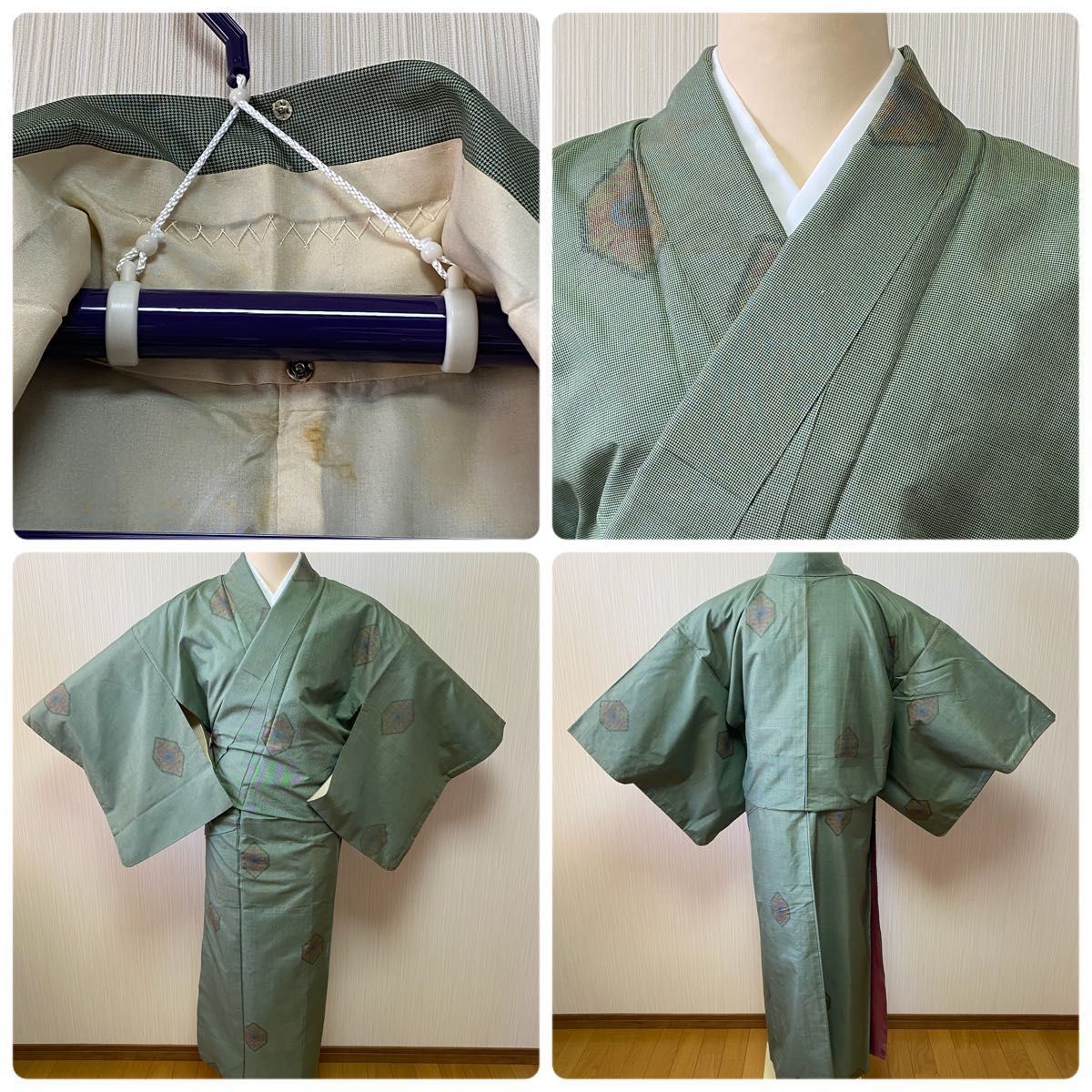 希少 高級品 大島紬 袷 紬 緑色 亀甲 千鳥格子柄 ハンドメイド 希少 高級品 大島紬 袷 紬 緑色 亀甲 千鳥格子柄 ハンドメイド