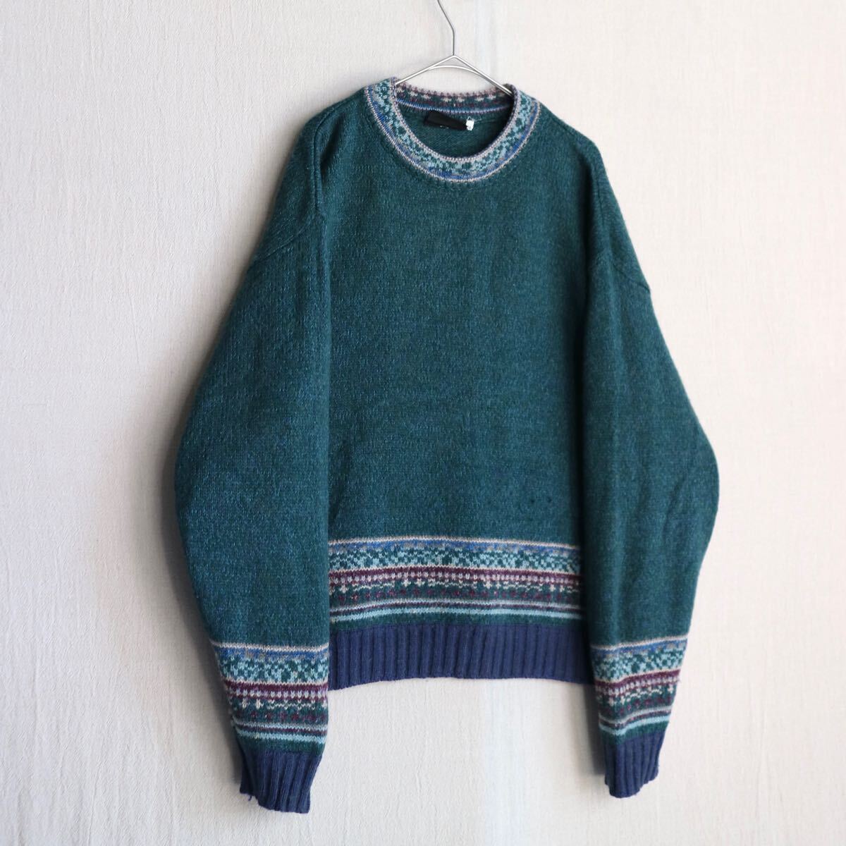 イタリア製 Vintage ニット セーター / M ウール ポリ グリーン ネイビー 柄 ユーロ ビンテージ K4-12012-9376 sale_画像1