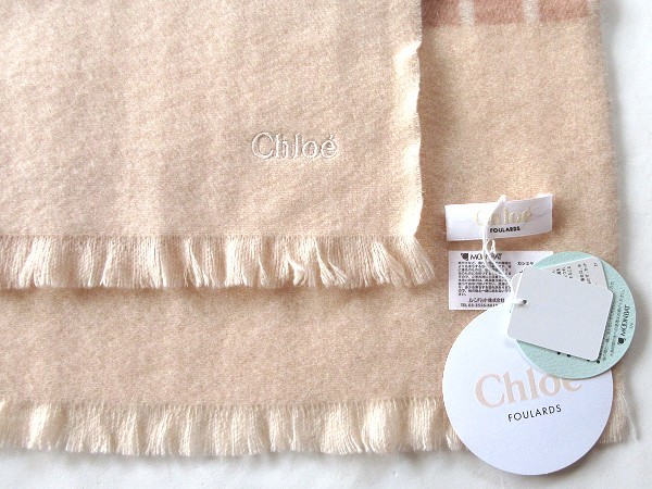 希少 新品 タグ付 Chloe クロエ 2018AW 洗えるカシミヤ100％ ロゴ刺繍 厚手 大判ストール マフラー ピンクベージュ MOONBAT ムーンバット_画像3