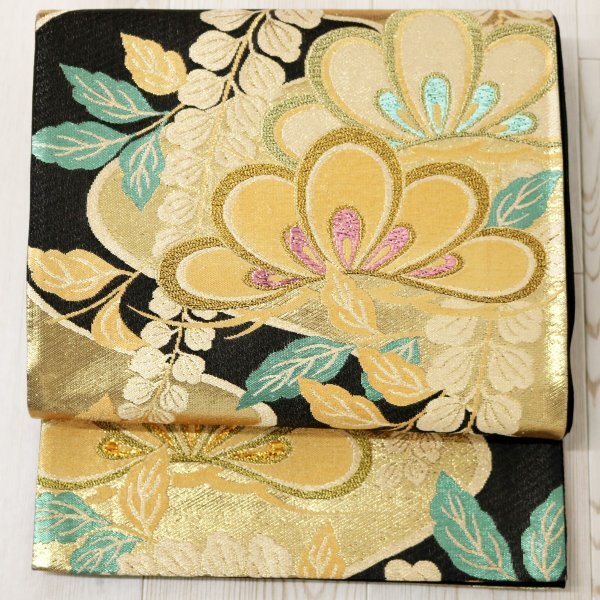 美品!西陣織 礼装用 振袖用袋帯【黒金 佐賀錦 六通柄・五葉松に 美品!西陣織 礼装用 振袖用袋帯【黒金 佐賀錦 六通柄・五葉松に