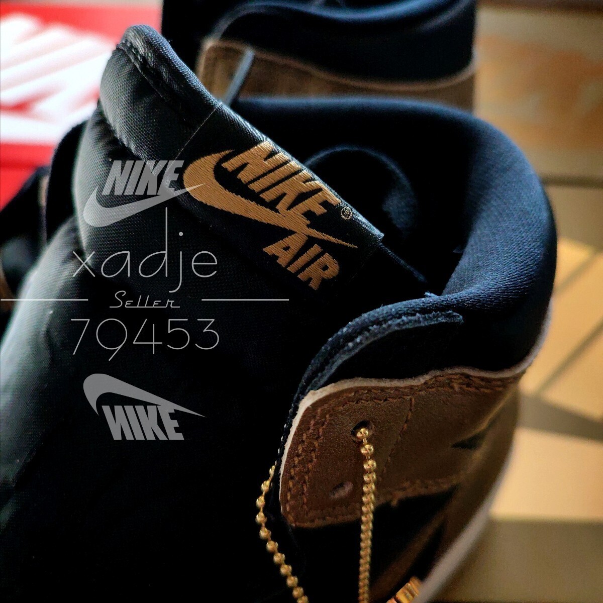  new goods regular goods NIKE Nike AIR JORDAN 1 RETRO HIGH OG air Jordan 1 high black black gold Gold 27.5cm US9.5 key holder box attaching 