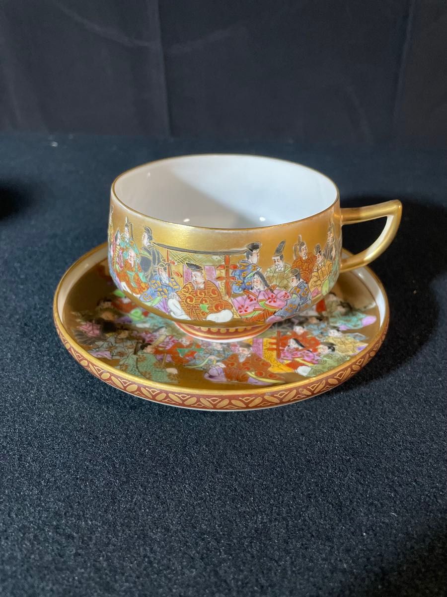 ①九谷焼コーヒーカップ 明治時代輸出品 手書き三十六歌仙 細密画 金彩 金蘭手 ③九谷焼コーヒーカップソーサー明治時代輸出品 手書き三十六