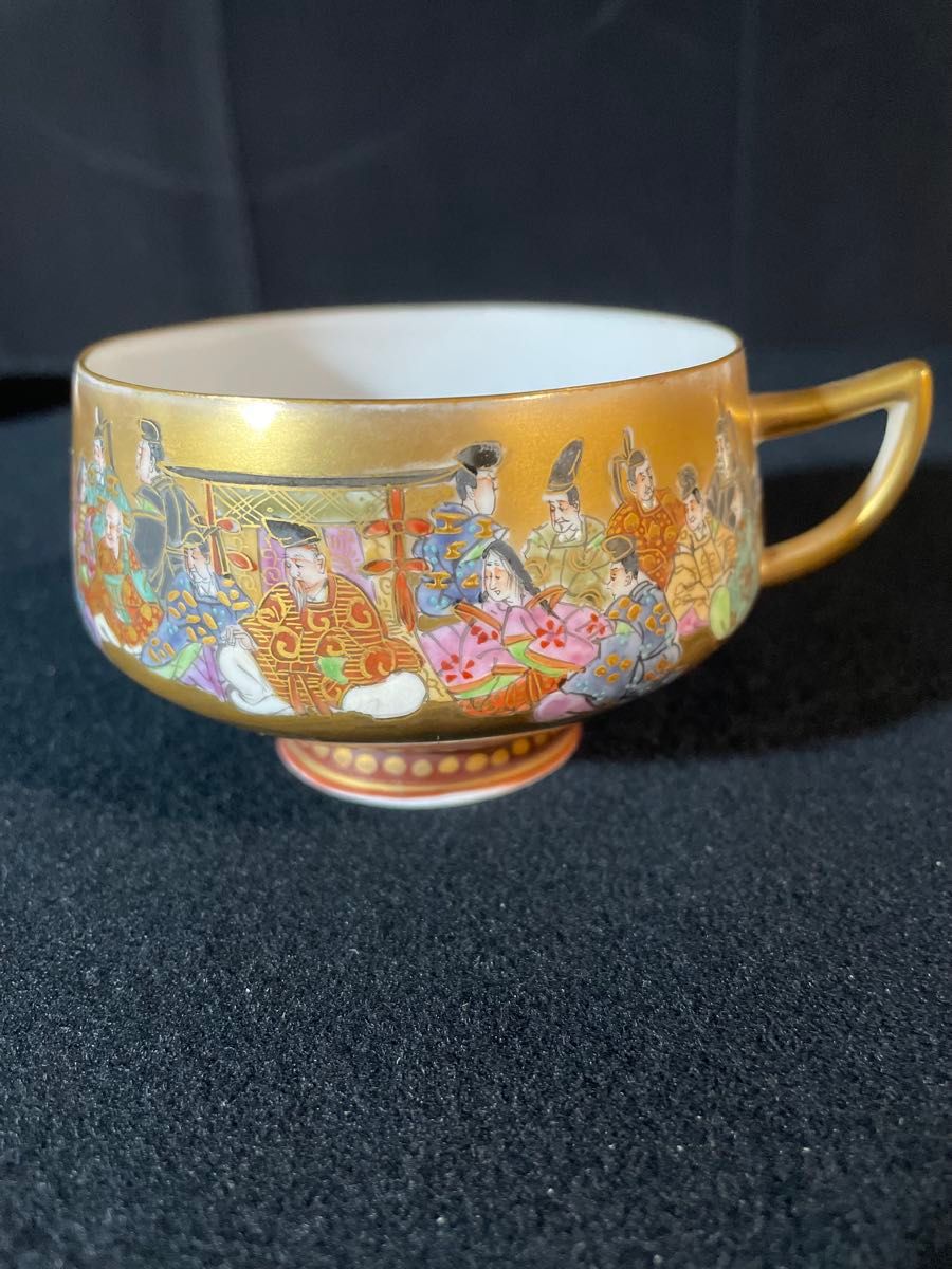 ①九谷焼コーヒーカップ 明治時代輸出品 手書き三十六歌仙 細密画 金彩 金蘭手 ③九谷焼コーヒーカップソーサー明治時代輸出品 手書き三十六