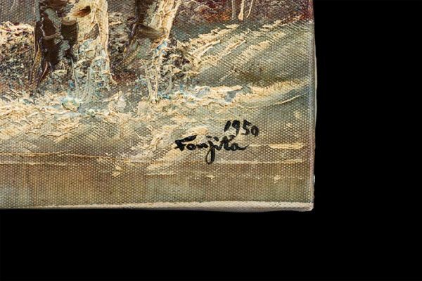 伝・藤田嗣治作 肉筆油彩風景画「湖畔」 ☆ 藤田嗣治 水彩画 ☆ 肉筆 風景画 直筆サイン 裏銘&印譜|絵画