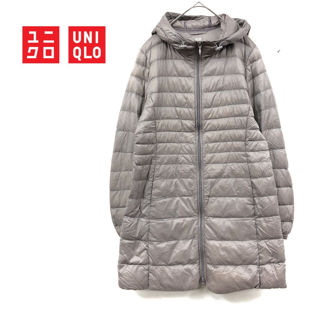 1D2295-J-N◆UNIQLO ユニクロ ダウンコート◆グレージュ サイズM ダウンジャケット 軽量 ダウン90 フェザー10 レディース 防寒 フード