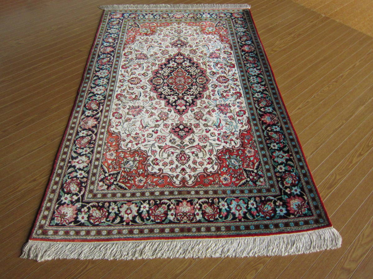 155×102】イラン☆シルク◇クム産ペルシャ絨毯・カーペット