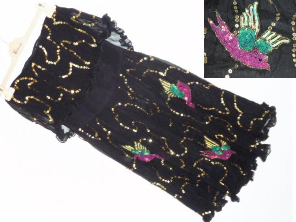 ● MANOUSH マヌーシュ 激レア ベアトップドレス ワンピース 36 SM 鳥 黒 新品 ビーズ 金 スパンコール 刺繍 フリル 素敵 ブラック 高級