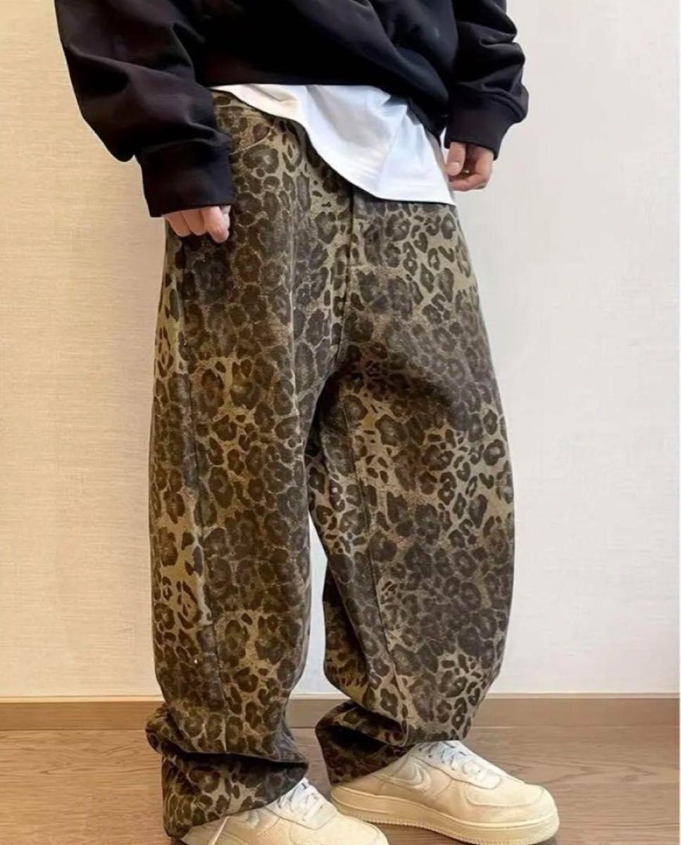 新品 バギーデニム 豹柄 ヒョウ柄 ワイドパンツ y2k ストリート 新品 バギーデニム 豹柄 ヒョウ柄 ワイドパンツ y2k ストリート