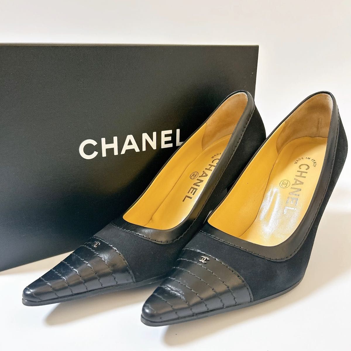 美品】CHANEL シャネル レザー スエード パンプス ヒール8cm 美品】CHANEL シャネル レザー スエード パンプス ヒール8cm
