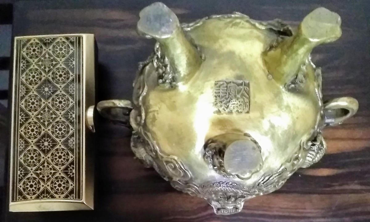 即決! 骨董品 中国 香炉 双龍 竜 龍 翡翠 宝玉 検: ゴールド 金 即決! 骨董品 中国 香炉 双龍 竜 龍 翡翠 宝玉 検: ゴールド 金