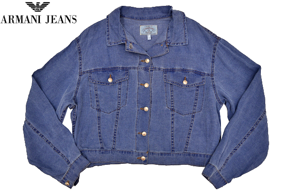 A-2387★送料無料★新品★ARMANI JEANS アルマーニジーンズ★イタリア製 ブルー青色 リネン100％ 麻デニム ジャケット Gジージャン 44_画像1