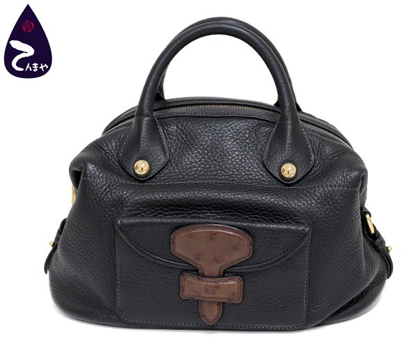美品 LOEWE ロエベ オーストリッチ レザー 巾着 ショルダー バッグ 黒