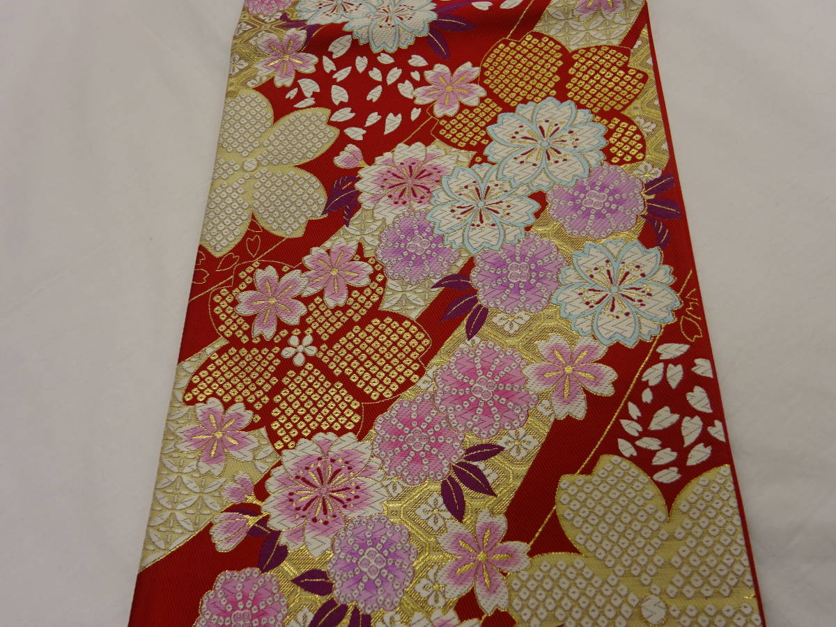 新品・未仕立て・振袖向き☆京都西陣袋帯☆赤地に桜柄です | inmano.com.br