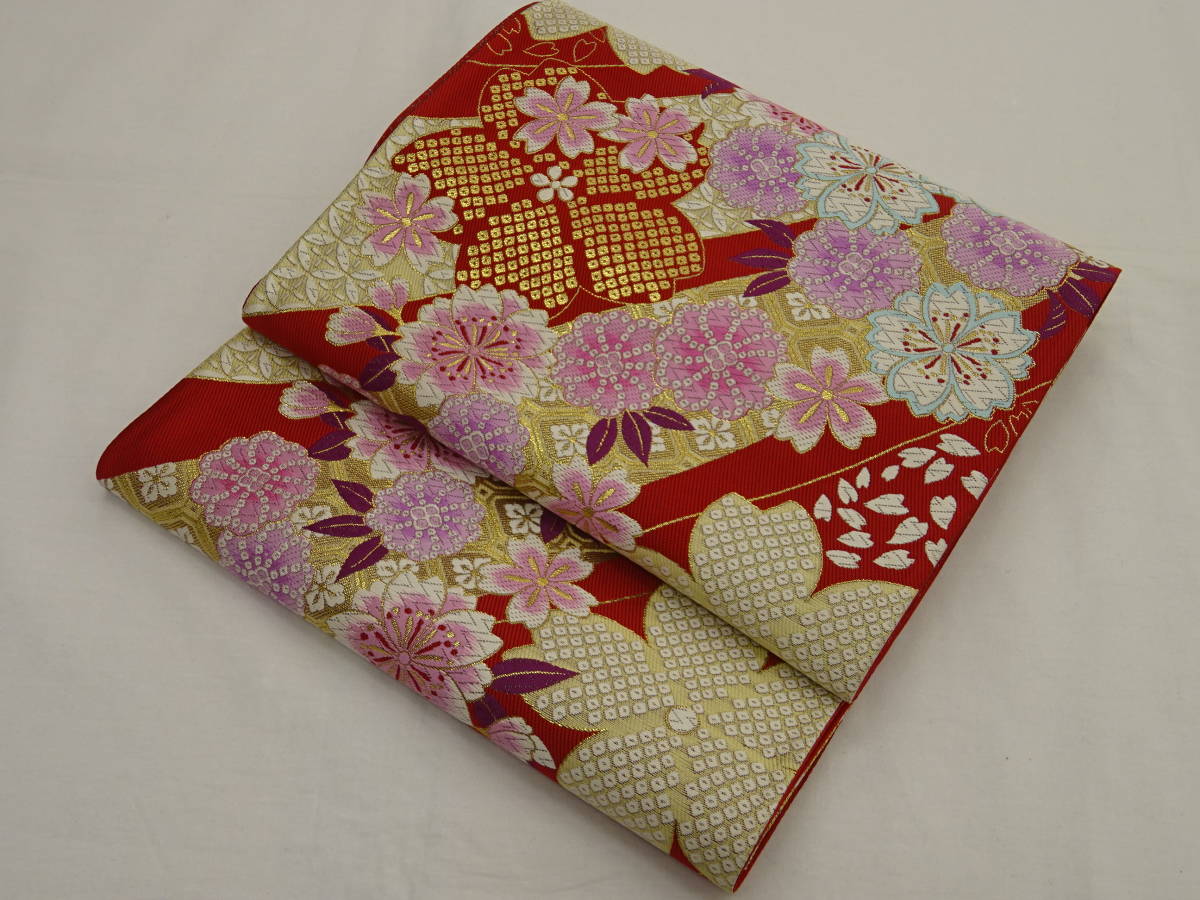 新品・未仕立て・振袖向き☆京都西陣袋帯☆赤地に桜柄です | inmano.com.br