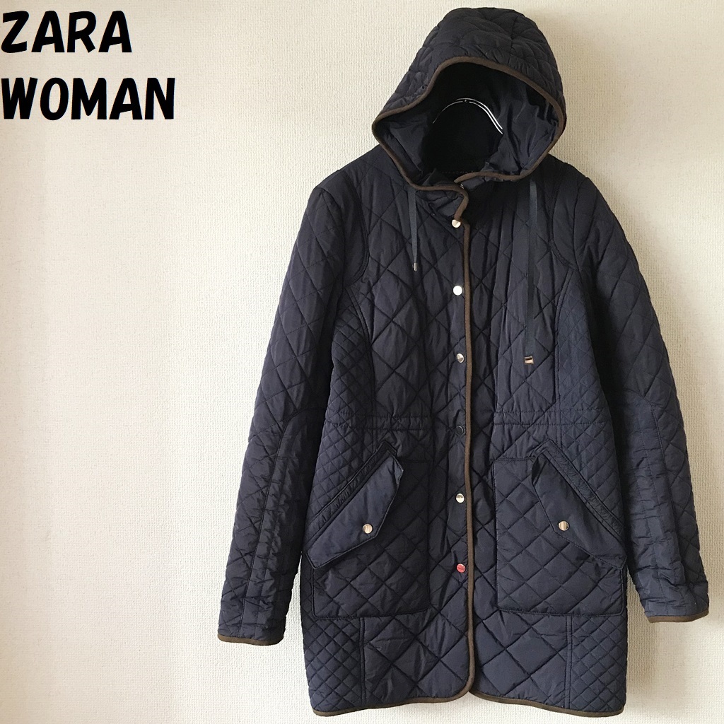 [ popular ]ZARA WOMAN/ Zara u- man with a hood . quilting coat navy US size XS lady's /4547