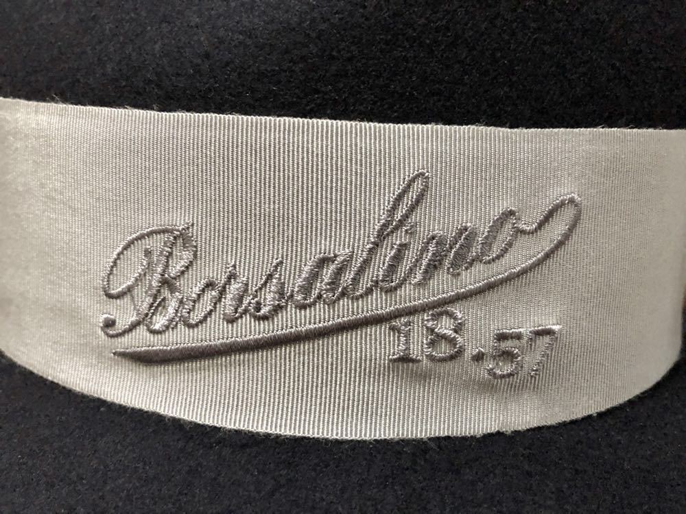 希少 新品 Borsalino ボルサリーノ 18-57 ロゴ 刺繍 ウール ハット 57cm ネイビー×グレー 紺×灰 中折れハット 帽子  18.57 ブラック 黒